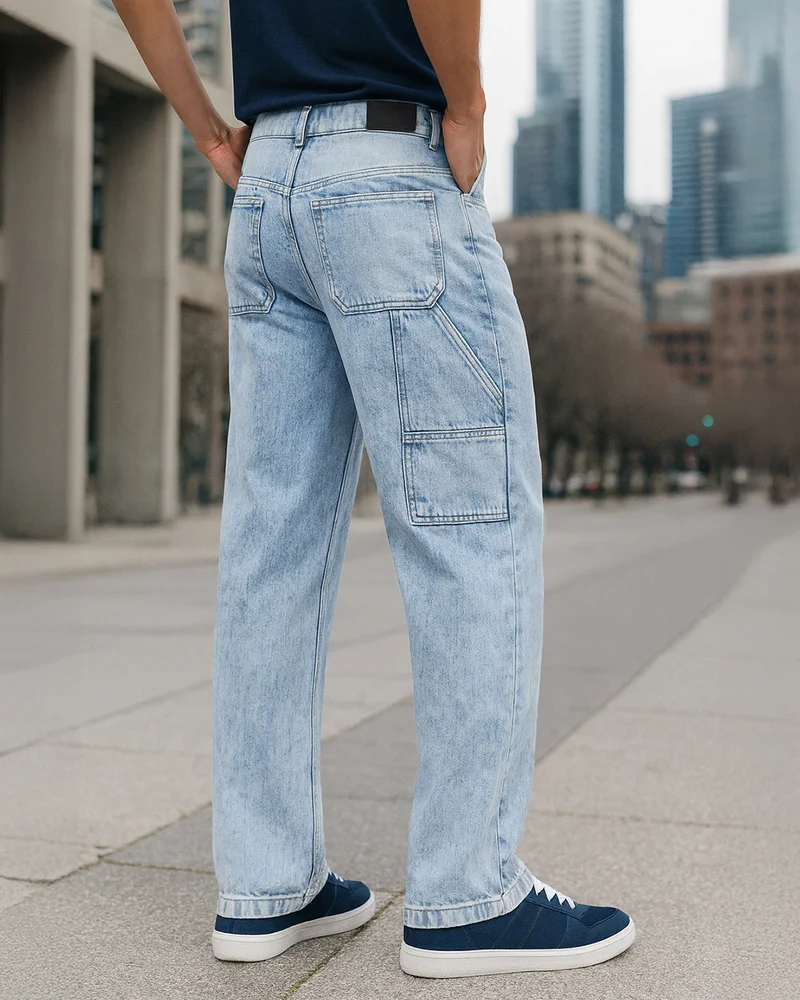 بيواكوف Men's Light Blue Washed Straight Fit Distressed Mid-Rise Jeans